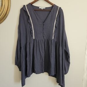 Chambray Eyelet Lace Ruggle Boho Loose Fit Peasant Blouse Western Rodeo Rayon